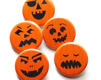 Pumpkin Face Pinback Buttons: Jack O'Lantern Halloween Party Favors 1.25" Badges