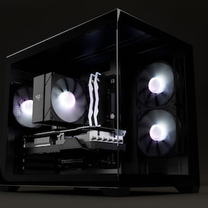 May include: A black computer tower case with a glass side panel, featuring internal components including a central processor cooler, two white RAM sticks, and three cooling fans with white LED illumination visible inside the dark chassis.