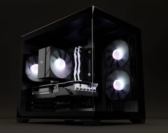 May include: A black computer tower case with a glass side panel, featuring internal components including a central processor cooler, two white RAM sticks, and three cooling fans with white LED illumination visible inside the dark chassis.