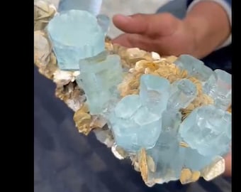 May include: A large cluster of aquamarine crystals, with a light blue color, embedded in a matrix of brown and gold colored rock.