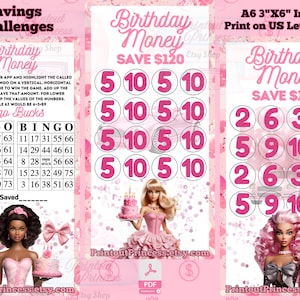 Könnte beinhalten: Eine rosa und weiße druckbare Bingokarte mit einer rosa und weißen Barbie-Puppenillustration. Die Karte trägt den Titel "Birthday Money Save 120€" und hat ein Bingogitter mit den Zahlen 1 bis 75. Die Karte ist für eine Geburtstags-Sparherausforderung konzipiert.
