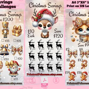 May include: Christmas savings challenges with festive illustrations. Includes a Christmas tree, nutcracker, gift box, candy cane, bell, snowman, and Santa. The image also features a deer and a cat with bows.