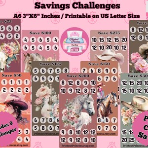 Könnte beinhalten: Neun druckbare Spar-Challenge-Karten mit verschiedenen Designs, darunter Blumen-, Cowboy- und Pferdemotive. Jede Karte hat ein anderes Sparziel, das von 50 € bis 300 € reicht. Die Karten sind für den Druck auf US-Briefpapier konzipiert.