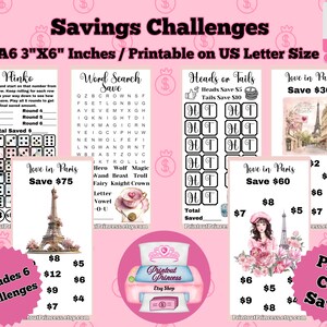 May include: Six printable game cards featuring Parisian themes. The games include Hinko, Word Search, Heads or Tails, and Love in Paris. The cards are designed with pink and black accents and feature images of the Eiffel Tower.