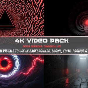 May include: A digital 4K video pack with four bonus visuals. The image features four different abstract scenes with red and black color schemes. The text on the image reads "4K VIDEO PACK" and "MOTION VISUALS TO USE IN BACKGROUNDS, SHOWS, EDITS, PROMOS & MORE!"