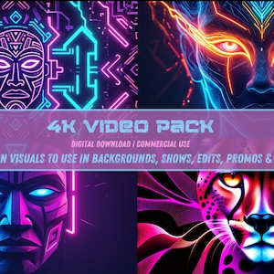 Può includere: Immagine di un prodotto digitale scaricabile con quattro illustrazioni vivaci in stile neon. L'opera d'arte include volti stilizzati e motivi geometrici nelle tonalità del blu, rosa e viola. La sovrapposizione di testo recita "4K VIDEO PACK" e dettagli per uso commerciale.