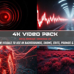 May include: A digital 4K video pack with motion visuals for backgrounds, shows, edits, and promos. The image features four distinct scenes with red and black color schemes, including a tunnel, a field, and abstract designs. Includes 4 packs and 1 bonus.