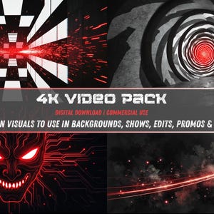 Op de afbeelding: Een digitaal videopakket met vier verschillende 4K-motion visuals. De afbeelding toont abstracte ontwerpen met rode en witte accenten, waaronder een tunnel, een geometrisch patroon en een digitaal gezicht. De tekst op de afbeelding luidt "4K VIDEO PACK" en "MOTION VISUALS".