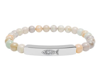 Bransoletka z grawerowanym paskiem w kształcie ryby Jezusa | Bransoletka z rozciągliwych koralików z naturalnego kamienia