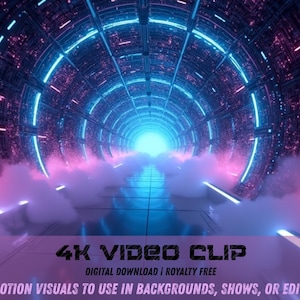 Peut inclure: Clip vidéo numérique 4K présentant un tunnel futuriste avec un éclairage néon bleu et rose. Le tunnel a une conception circulaire avec une lumière vive à l'extrémité. Le texte sur l'image indique "4K VIDEO CLIP" et "TÉLÉCHARGEMENT NUMÉRIQUE | LIBRE DE DROITS".