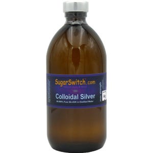 May include: A brown glass bottle with a silver cap, labelled "Colloidal Silver" with the text "SugarSwitch.com". The label is blue and white, and the bottle contains a clear liquid. The bottle is filled with a clear liquid.