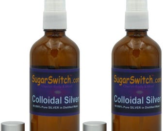 99.999% Pure Colloidal Silver (2x 100ml Spray Bottles + Silver Caps, Bundle Deal)