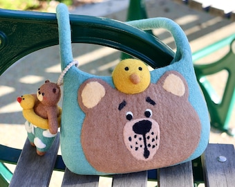 Handcrafted Blue 100% Wool Felt Bag – Swimming bear with yellow duck, Includes Matching bear Charm