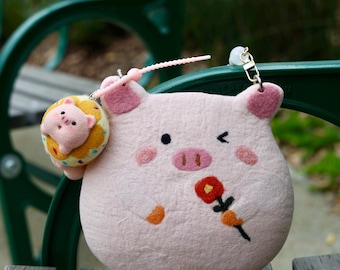 Handcrafted Pink 100% Wool Felt Piggy Bag with Glaze chain (Matching Donut Piggy Charm Not Included)
