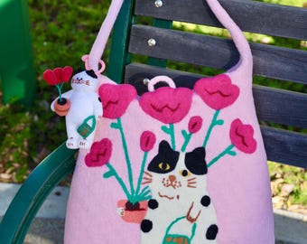 Handcrafted Pink 100% Wool Felt Bag – Black & White Cat with pink flowers and green bag, Includes Matching Cat Charm