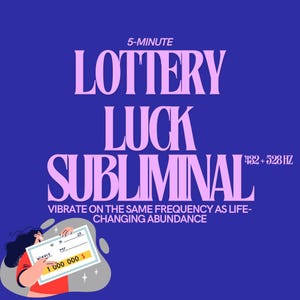 Könnte beinhalten: Blaues Grafikdesign mit den Worten "LOTTERY LUCK SUBLIMINAL" in Rosa. Der Text "VIBRATE ON THE SAME FREQUENCY AS LIFE-CHANGING ABUNDANCE" steht darunter. Eine Person hält einen Lottogewinn von 1.000.000 $.