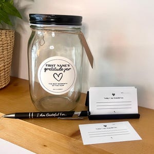 Juego de regalo de tarro de agradecimiento personalizado / Recuerdo de 32 oz para los momentos mágicos de la vida y la gratitud diaria / Tarro con nombre personalizado con tarjetas y bolígrafo