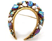 Vintage FLORENZA Molded Watermelon Art Glass Brooch, Signed Aurora Borealis Rhinestone Flower Horseshoe Pin, 1960s Costume Jewelry
