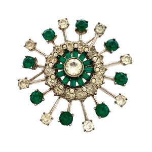 Vintage 1940s Signed STERLING Green Rhinestone Atomic Sunburst Flower Brooch, Unsigned DuJay