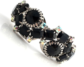 Vintage JULIANA Black Glass Aurora Rhinestone Bracelet, D&E Chunky Hinged Clamper, 1960s Costume Jewelry