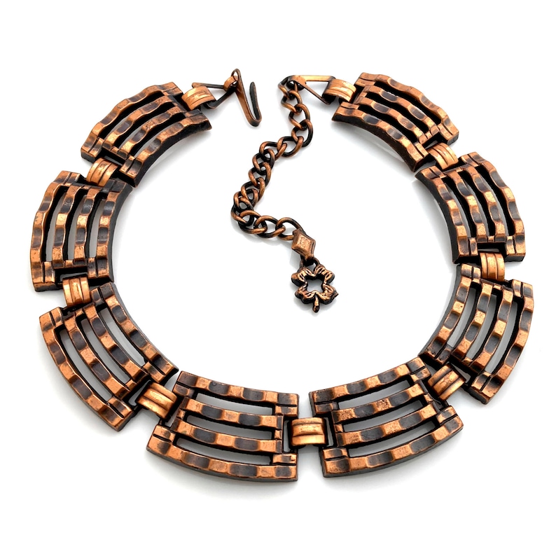 Vintage Mid Century Modern Copper Necklace, MCM Modernist Ribbed Metalwork Choker, 1950s Costume Jewelry image 1