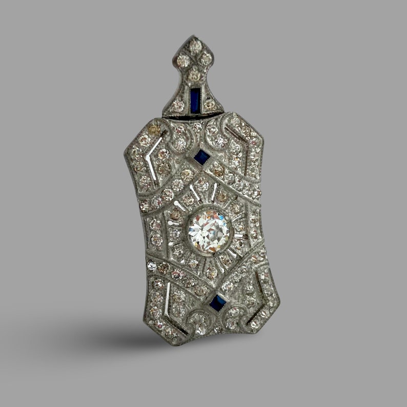 Vintage 1930s Art Deco Blue Jewel-tone Clear Pave Rhinestone Geometric Necklace Pendant image 2