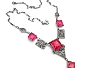 Vintage 1930s Art Deco Pink Glass Rhinestone Filigree Link Geometric Drop Choker Necklace