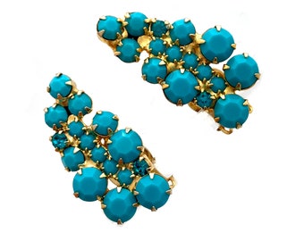 Vintage JULIANA D&E Turquoise Blue Glass Teal Rhinestone Climber Clip Earrings