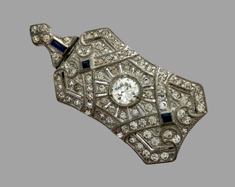 Vintage 1930s Art Deco Blue Jewel-tone Clear Pave Rhinestone Geometric Necklace Pendant