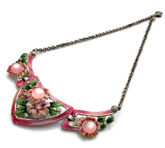 Vintage 1940s CORO Pink Moonglow Flower Necklace,… - image 3