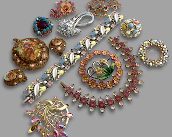 Vintage Rhinestone Costume Jewelry Repair Lot, Trifari Coro Germany, Brooch Bracelet Earrings
