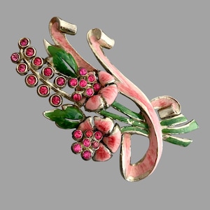 Vintage 1940s Signed CORO Pink Flower Spray Enamel Rhinestone Figural Brooch