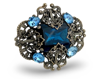Vintage 1930s Czech Style Art Deco Blue Glass Jewel-tone Rhinestone Filigree Brooch