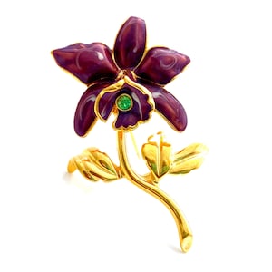 Vintage Signed JOAN RIVERS Snap Flower Purple Enamel Orchid Rhinestone Costume Brooch