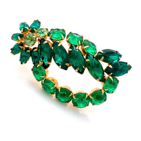 Vintage 1950s Unsigned Beauty Green Jewel-tone Rhinestone Flower Freeform Brooch