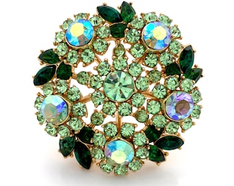 Vintage TRIFARI Green Rhinestone Flower Brooch, Signed Memo To a Smart Woman Pin, 1960s Costume Jewelry