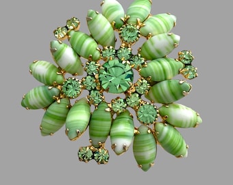 Vintage Verified JULIANA Green Striped Milk Glass Jewel-tone Rhinestone Triangle Brooch