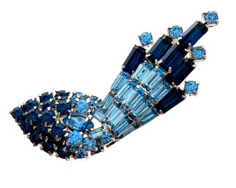 Vintage 1960s High-end Unsigned Designer Blue Rhinestone Wing Costume Brooch Pin