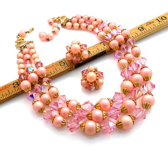 Vintage 1950s Pink Crystal and Plastic Bead Multi… - image 4
