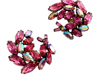 Vintage 1960s REGENCY Huge Pink Aurora Borealis Jewel-tone Rhinestone Earrings