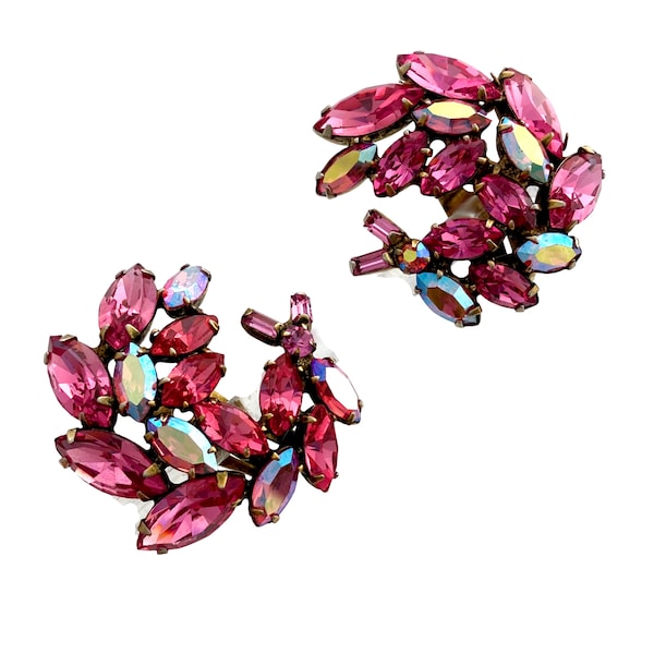 Vintage 1960s REGENCY Huge Pink Aurora Borealis Jewel-tone Rhinestone Earrings