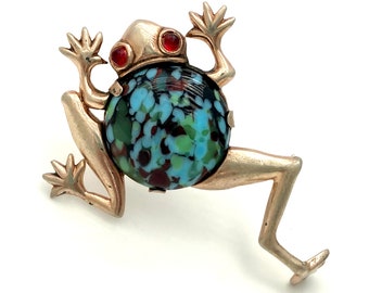Vintage 1940s Signed STERLING Mazer Style Leap Frog Art Glass Figural Brooch Pin, Book Piece