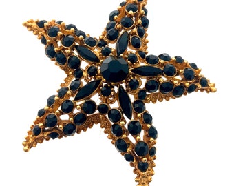 Vintage 1960s Signed FLORENZA Starfish Jet Black Glass Rhinestone Star Figural Brooch