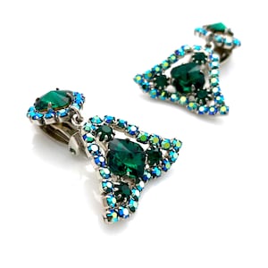 Vintage 1960s Rivoli Glass Aurora Borealis Rhinestone Dangle Pendant Earrings