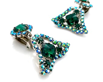 Vintage 1960s Rivoli Glass Aurora Borealis Rhinestone Dangle Pendant Earrings