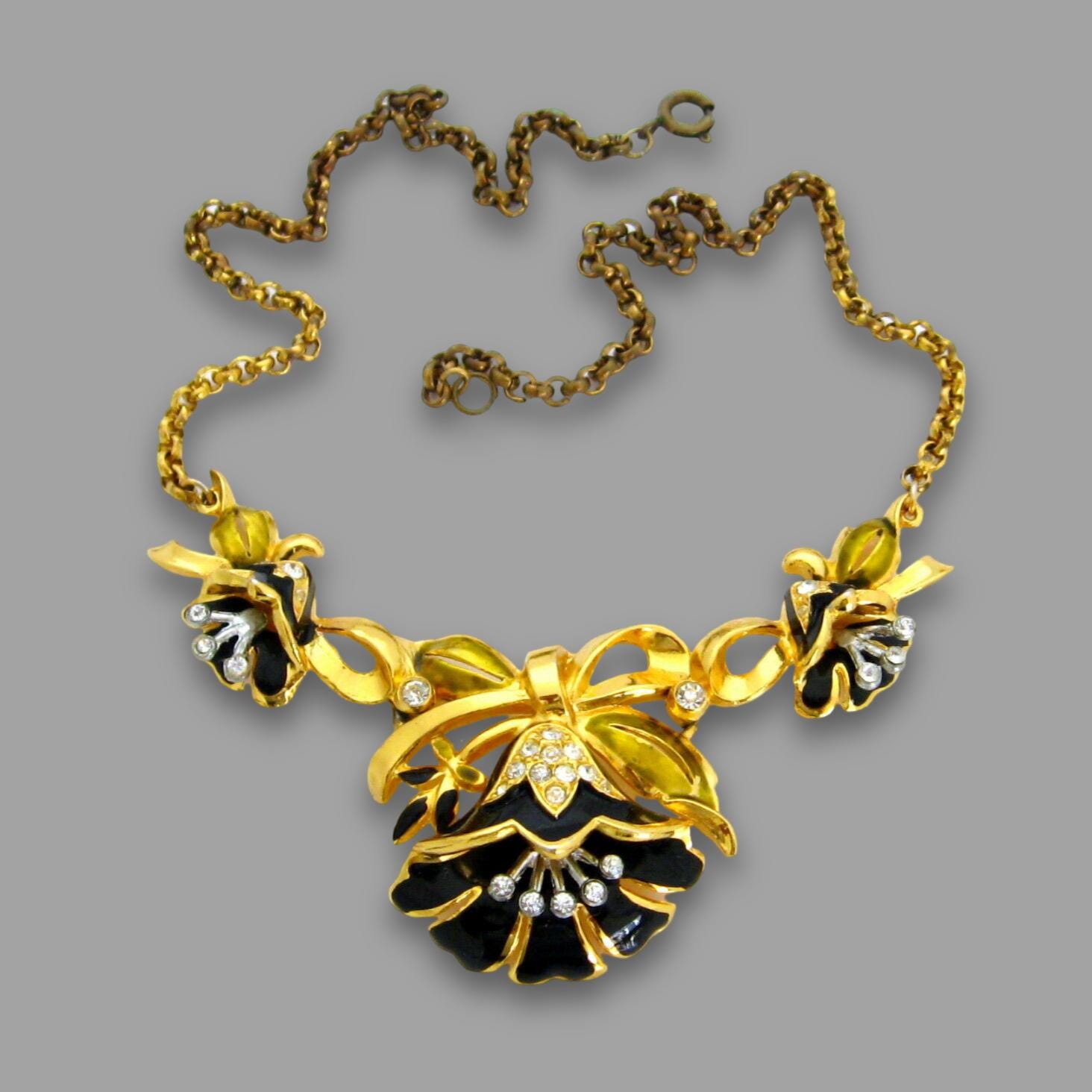 Vintage 1940s CORO Lotus Flower Black Enamel Rhinestone Choker Necklace