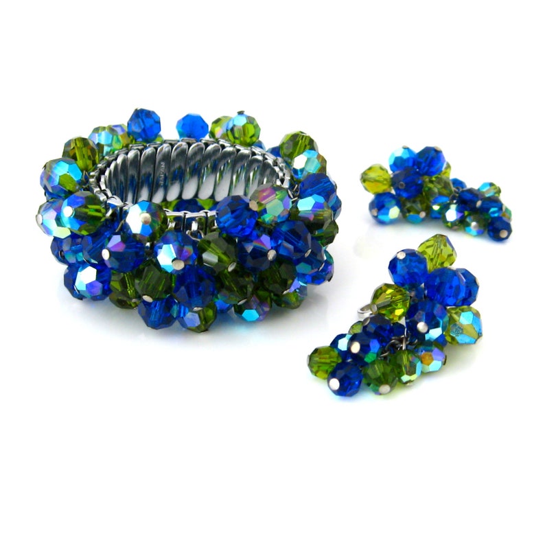 1950s Costume Jewelry Vintage JAPAN Blue Green Crystal Cha Cha Bracelet Earrings Set Glass Bead Demi Parure