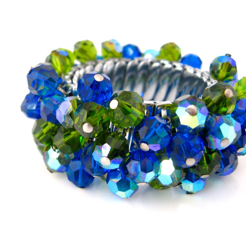 1950s Costume Jewelry Vintage JAPAN Blue Green Crystal Cha Cha Bracelet Earrings Set Glass Bead Demi Parure