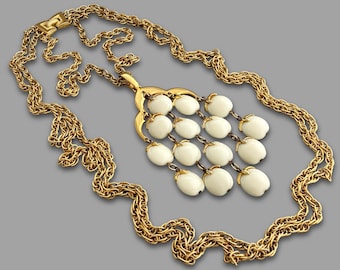 Vintage 1960s Signed TRIFARI Waterfall Cream Lucite Bead Pendant Triple Chain Necklace