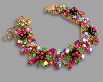 Vintage JULIANA D&E Polka Dot Flower Sugar Bead Pink Rhinestone 5 Link Bracelet